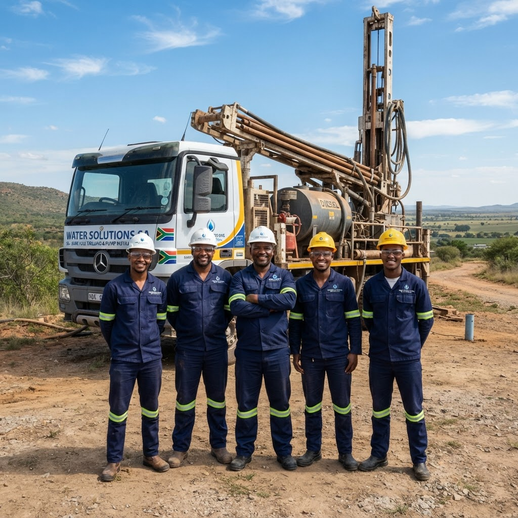 The Borehole Specialists team with their drilling rig in Gauteng