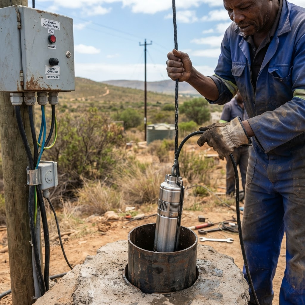 Technician lowering a submersible borehole pump for installation
