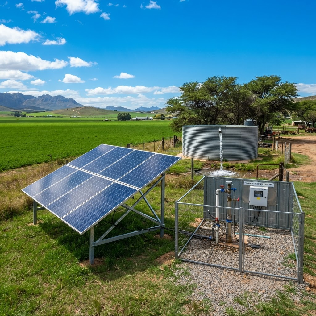 Solar panel array powering an off-grid borehole pump on a farm