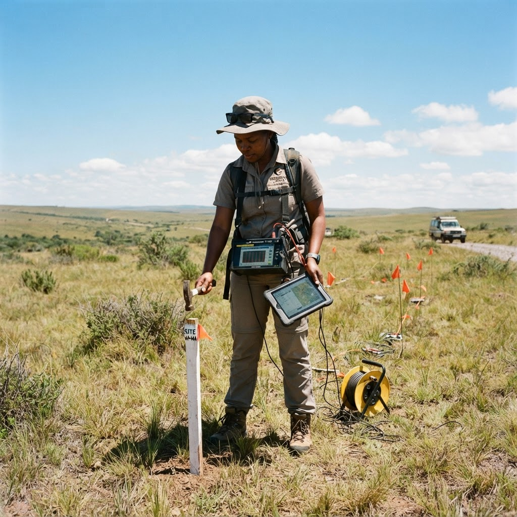 Geologist conducting a geophysical water survey before drilling